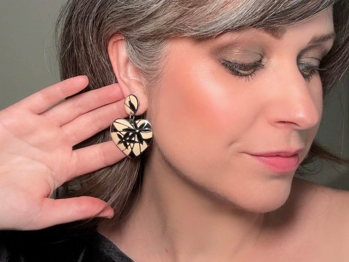Vintage Heart Earrings, Signed Designer Berebi Vintage Black and Cream Mosaic Drop Earrings 8