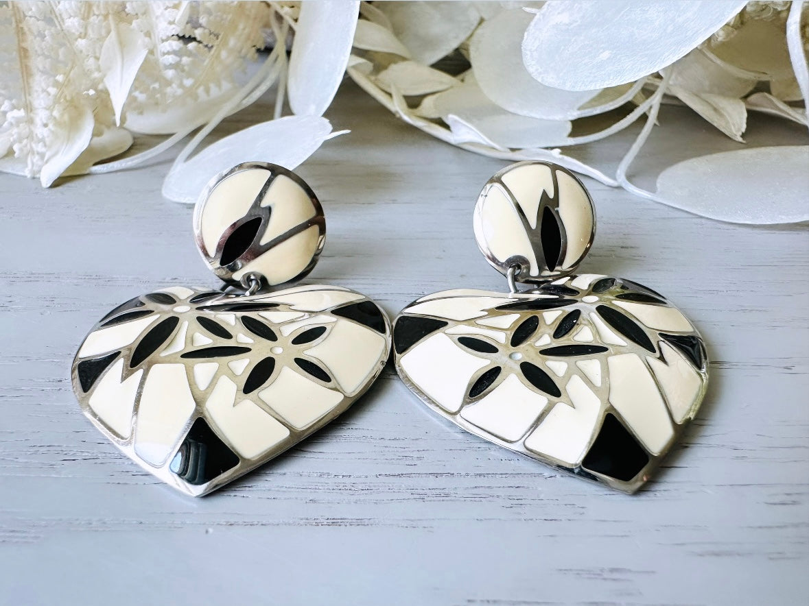 Vintage Heart Earrings, Signed Designer Berebi Vintage Black and Cream Mosaic Drop Earrings 9