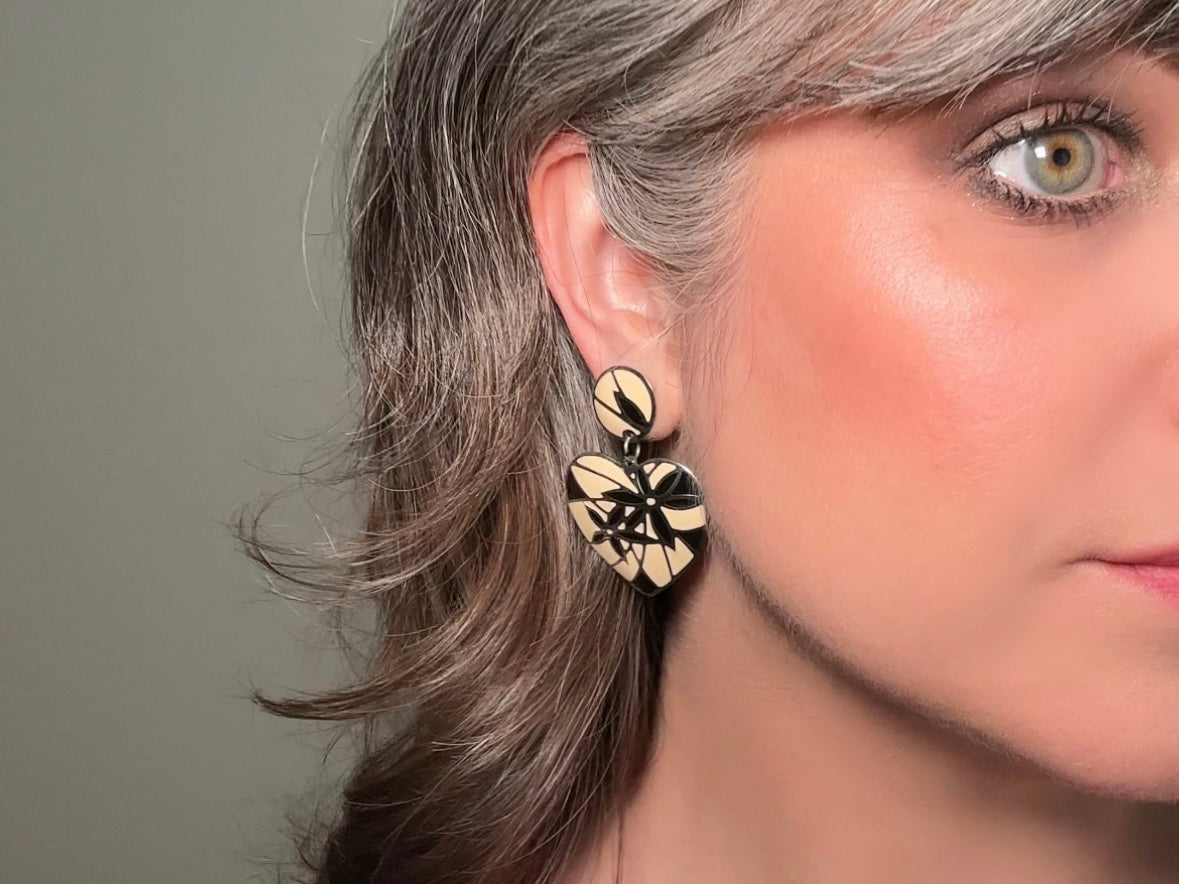 Vintage Heart Earrings, Signed Designer Berebi Vintage Black and Cream Mosaic Drop Earrings modeled