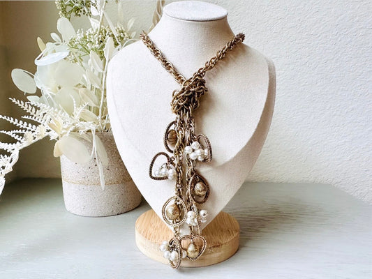 Vintage Heart Lariat Charm Necklace with Pearls, Unique Gold Heart Charm 36 Inch Necklace 