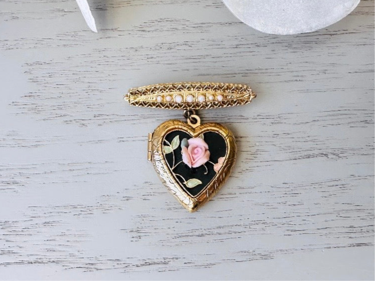Vintage Heart Locket Brooch, Victorian Pearl Bar Pin Romantic Regency Era Embossed Gold Heart Pin with Black Heart and Pink Ceramic Rose from Piggle and Pop