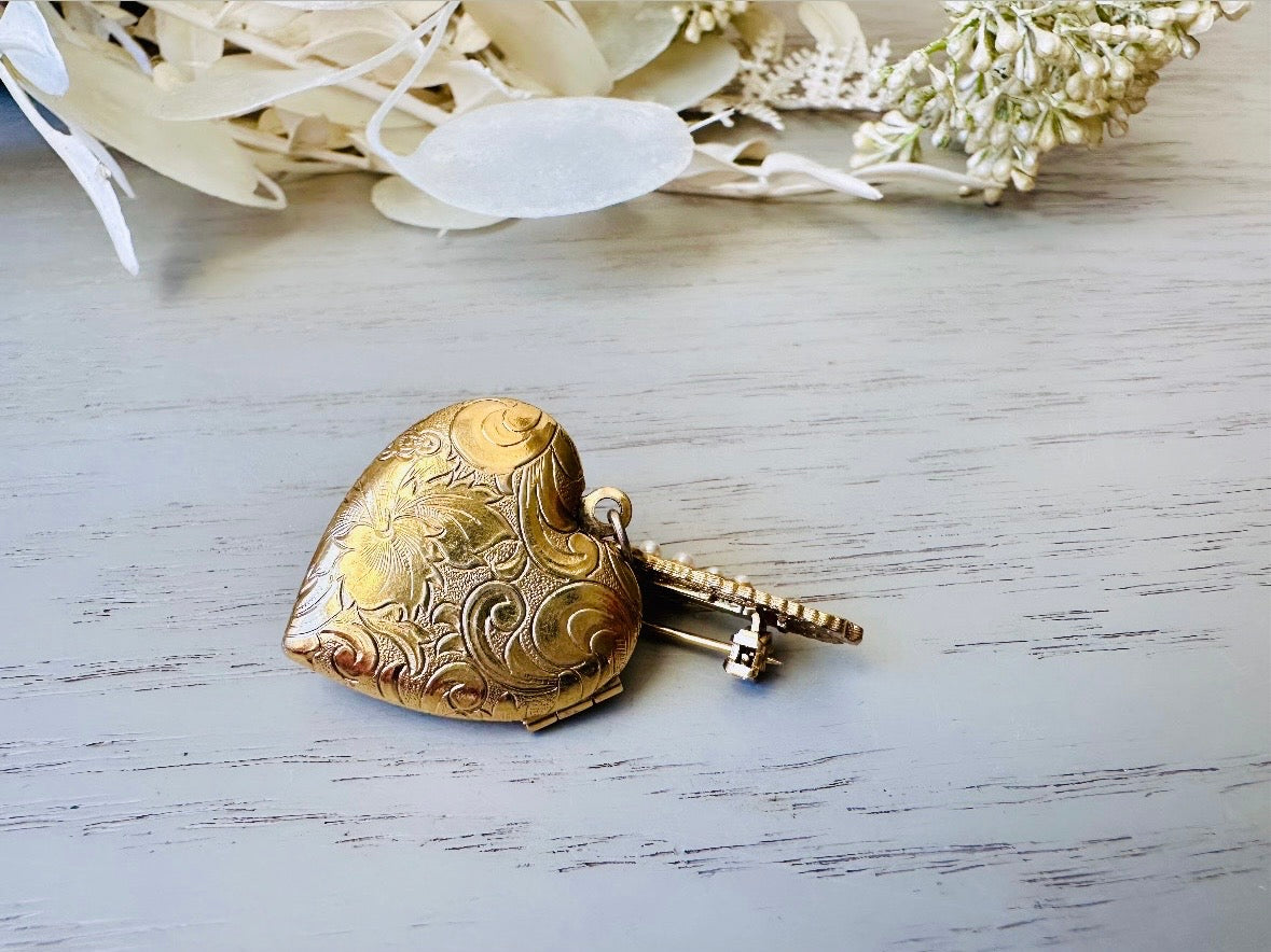 Vintage Heart Locket Brooch, Victorian Pearl Bar Pin Romantic Regency Era Embossed Gold Heart Pin with Black Heart and Pink Ceramic Rose from Piggle and Pop