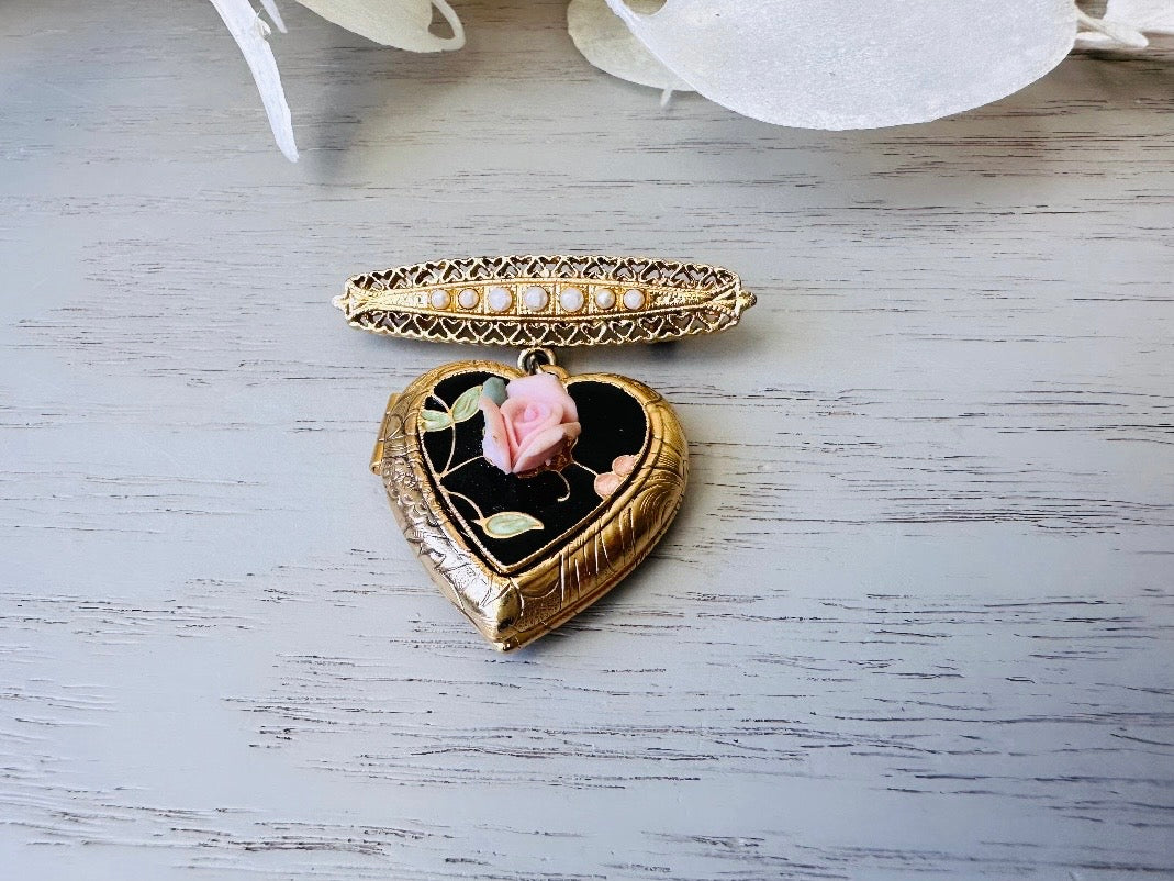 Vintage Heart Locket Brooch, Victorian Pearl Bar Pin Romantic Regency Era Embossed Gold Heart Pin with Black Heart and Pink Ceramic Rose from Piggle and Pop