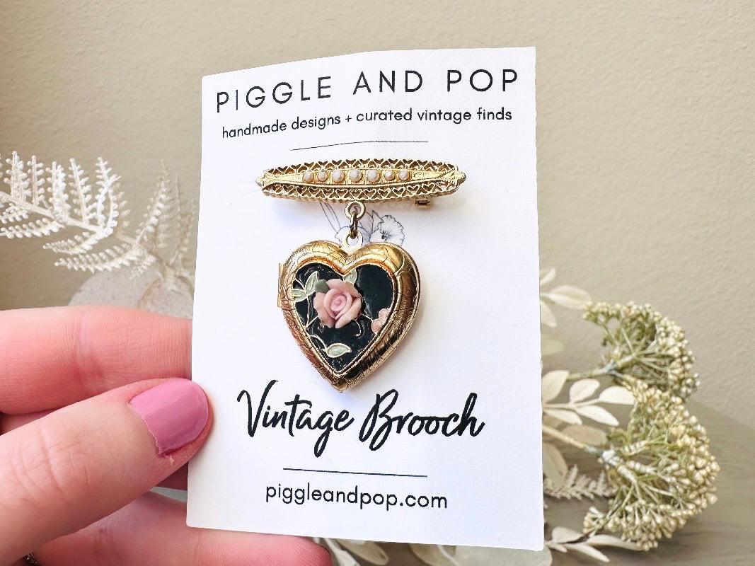 Vintage Heart Locket Brooch, Victorian Pearl Bar Pin Romantic Regency Era Embossed Gold Heart Pin with Black Heart and Pink Ceramic Rose from Piggle and Pop