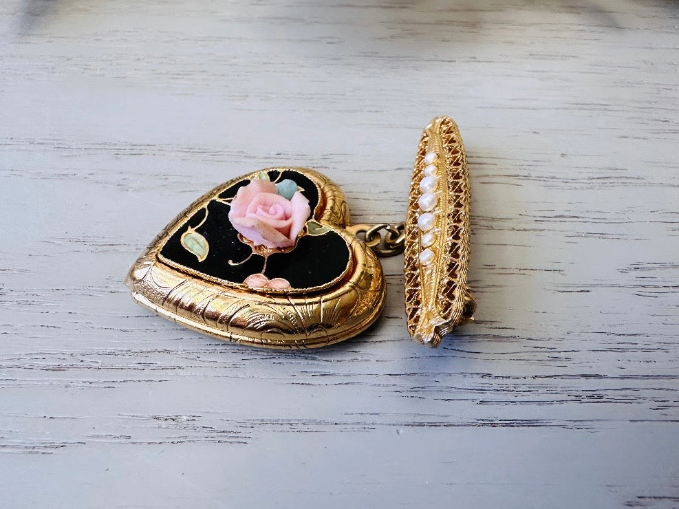 Vintage Heart Locket Brooch, Victorian Pearl Bar Pin Romantic Regency Era Embossed Gold Heart Pin with Black Heart and Pink Ceramic Rose from Piggle and Pop