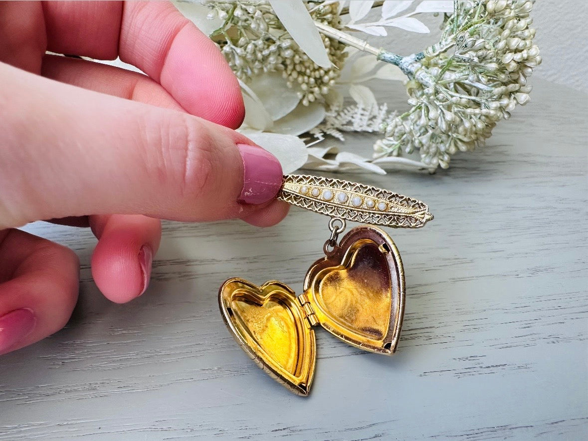Vintage Heart Locket Brooch, Victorian Pearl Bar Pin Romantic Regency Era Embossed Gold Heart Pin with Black Heart and Pink Ceramic Rose from Piggle and Pop