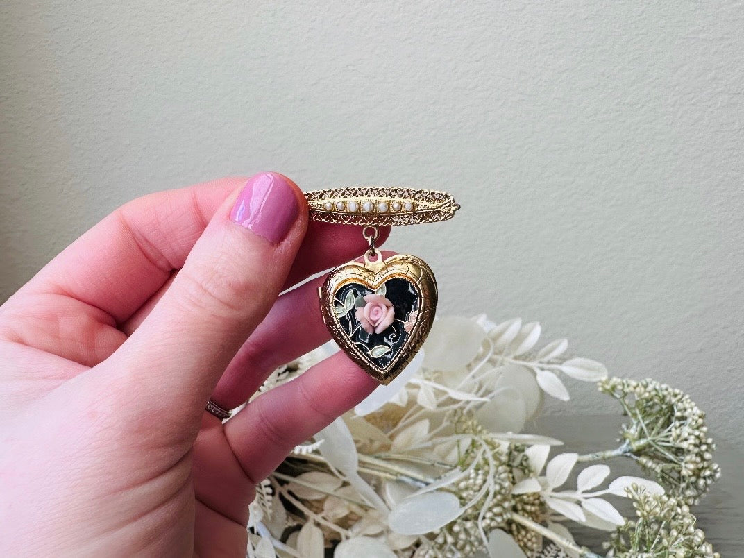 Vintage Heart Locket Brooch, Victorian Pearl Bar Pin Romantic Regency Era Embossed Gold Heart Pin with Black Heart and Pink Ceramic Rose from Piggle and Pop