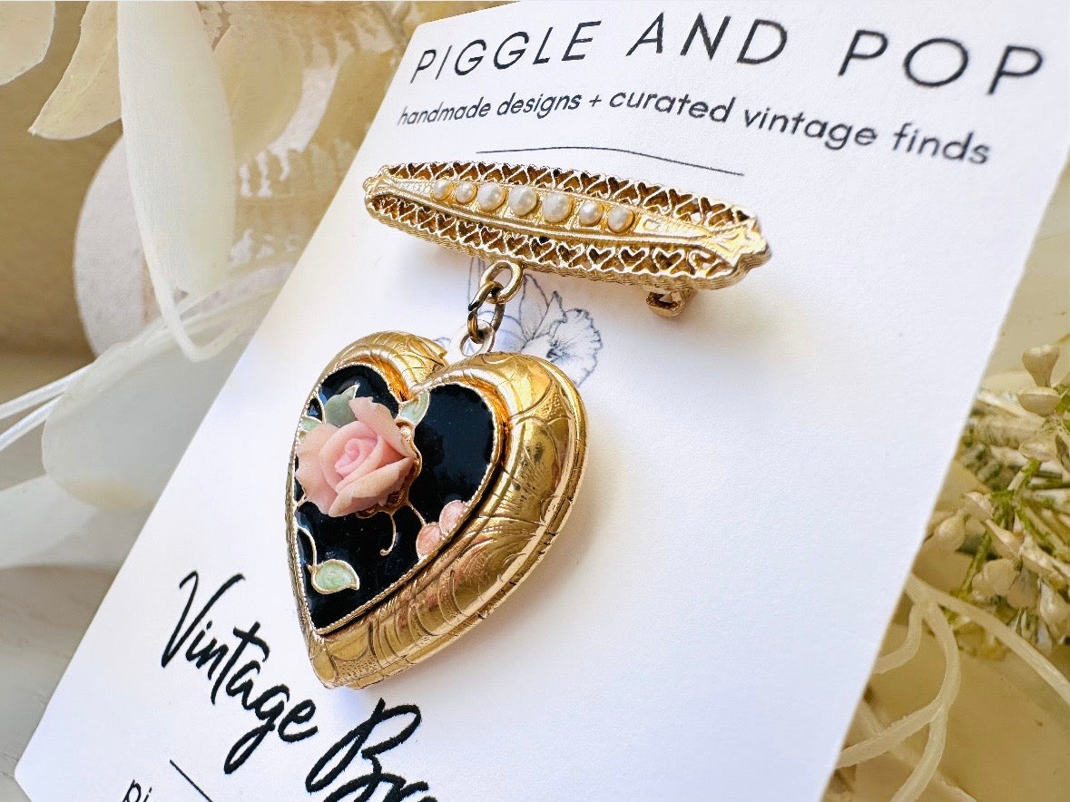 Vintage Heart Locket Brooch, Victorian Pearl Bar Pin Romantic Regency Era Embossed Gold Heart Pin with Black Heart and Pink Ceramic Rose from Piggle and Pop