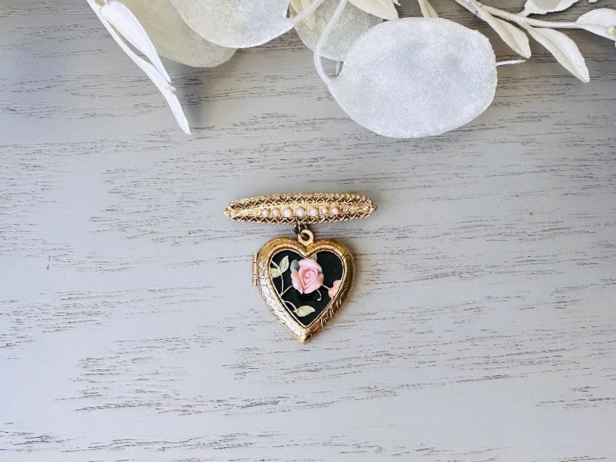 Vintage Heart Locket Brooch, Victorian Pearl Bar Pin Romantic Regency Era Embossed Gold Heart Pin with Black Heart and Pink Ceramic Rose from Piggle and Pop