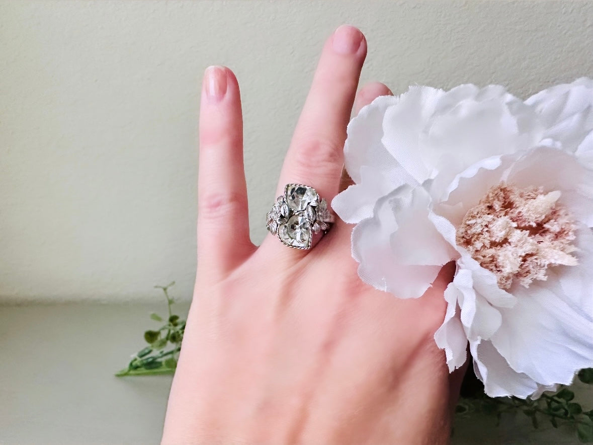 Vintage Heart Ring, 1970s Double Heart Love Story Ring, Diamond April Birthstone Cocktail Ring, Silver Rhinestone Heart Vintage Ring