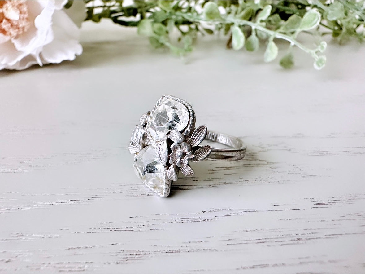 Vintage Heart Ring, 1970s Double Heart Love Story Ring, Diamond April Birthstone Cocktail Ring, Silver Rhinestone Heart Vintage Ring