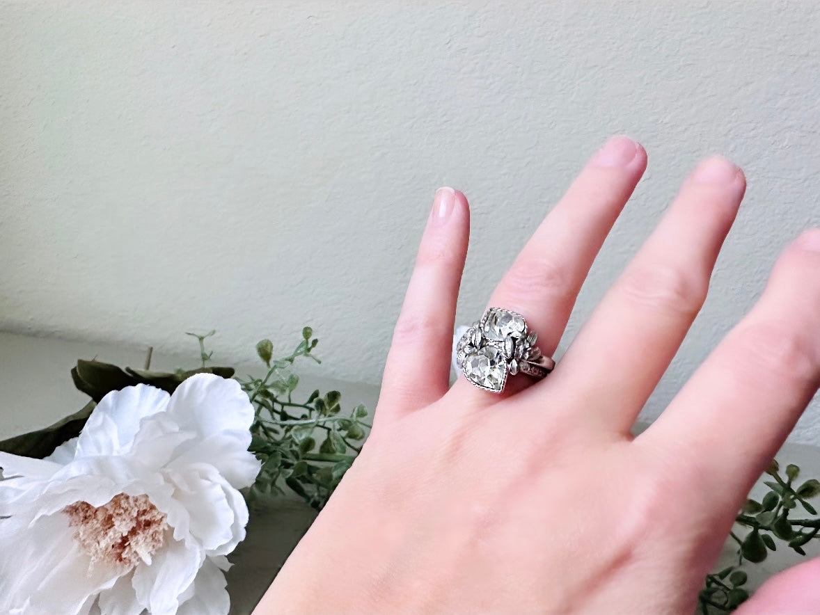 Vintage Heart Ring, 1970s Double Heart Love Story Ring, Diamond April Birthstone Cocktail Ring, Silver Rhinestone Heart Vintage Ring