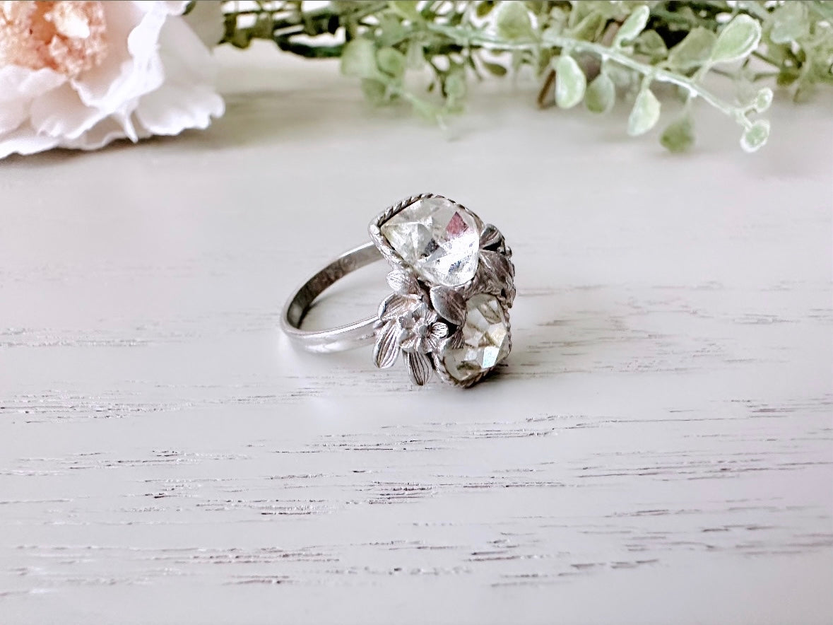 Vintage Heart Ring, 1970s Double Heart Love Story Ring, Diamond April Birthstone Cocktail Ring, Silver Rhinestone Heart Vintage Ring
