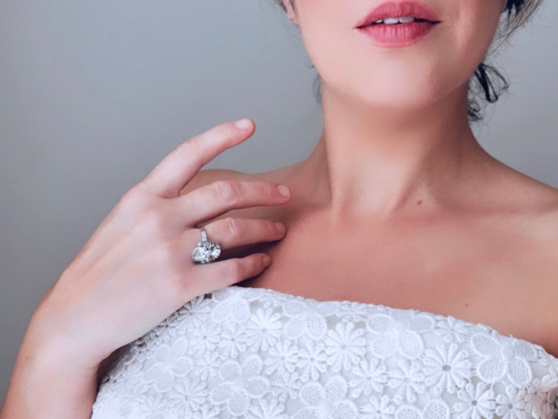 Vintage Heart Ring, 1970s Double Heart Love Story Ring, Diamond April Birthstone Cocktail Ring, Silver Rhinestone Heart Vintage Ring