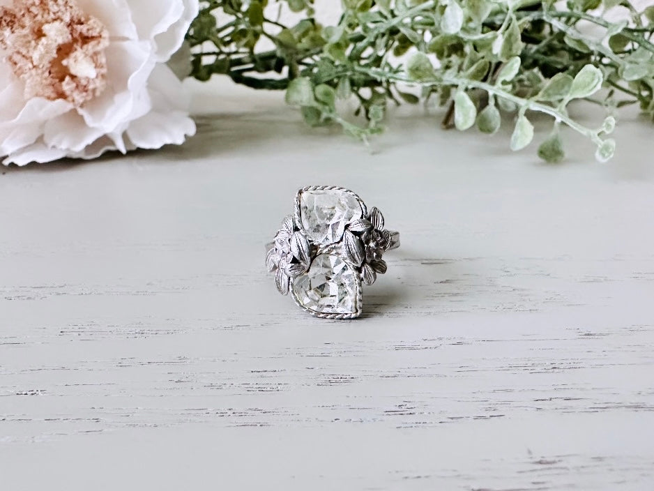 Vintage Heart Ring, 1970s Double Heart Love Story Ring, Diamond April Birthstone Cocktail Ring, Silver Rhinestone Heart Vintage Ring