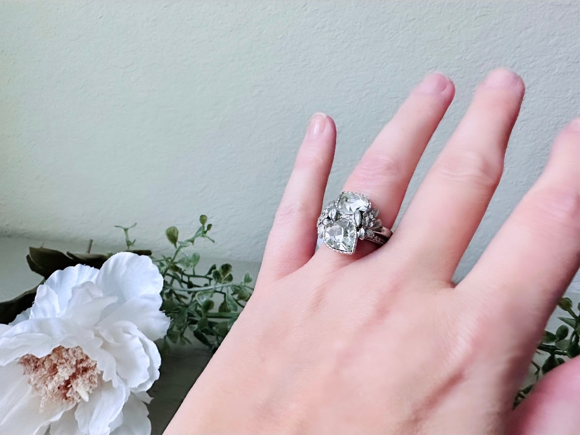Vintage Heart Ring, 1970s Double Heart Love Story Ring, Diamond April Birthstone Cocktail Ring, Silver Rhinestone Heart Vintage Ring