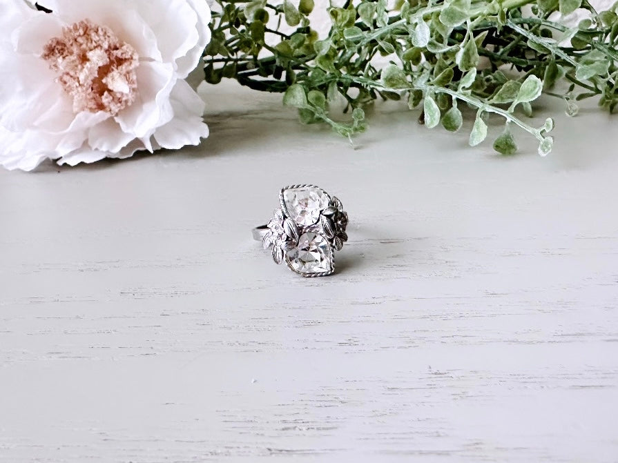 Vintage Heart Ring, 1970s Double Heart Love Story Ring, Diamond April Birthstone Cocktail Ring, Silver Rhinestone Heart Vintage Ring