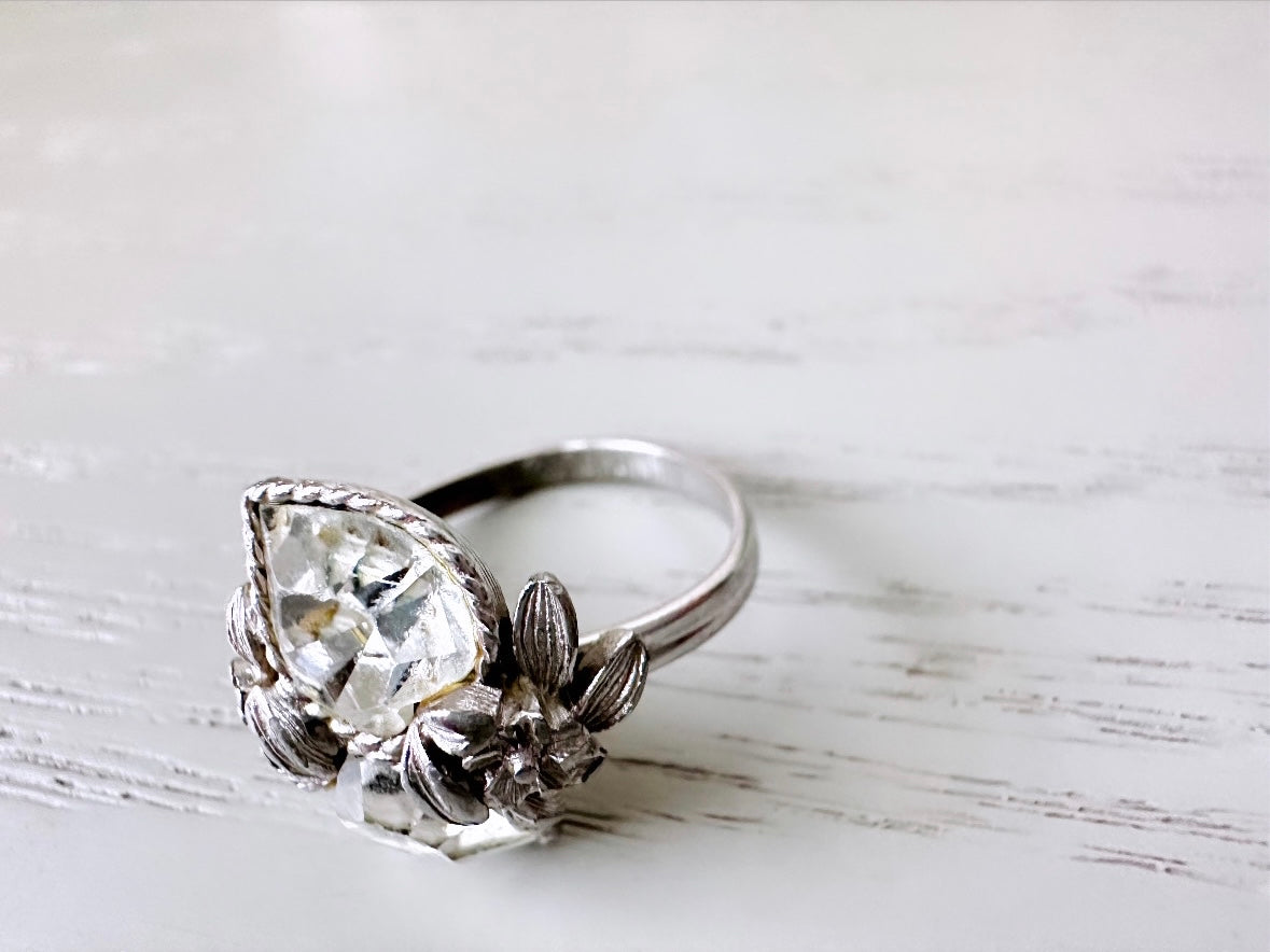 Vintage Heart Ring, 1970s Double Heart Love Story Ring, Diamond April Birthstone Cocktail Ring, Silver Rhinestone Heart Vintage Ring