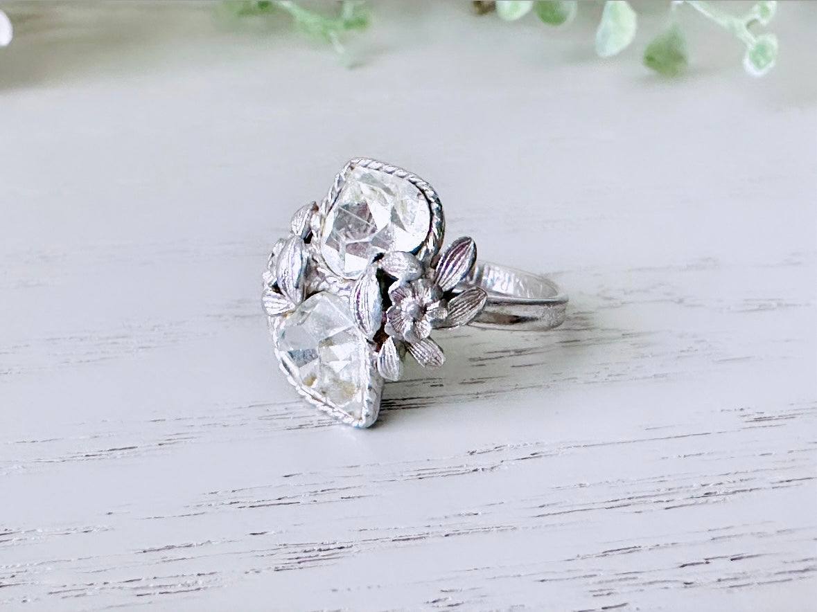 Vintage Heart Ring, 1970s Double Heart Love Story Ring, Diamond April Birthstone Cocktail Ring, Silver Rhinestone Heart Vintage Ring
