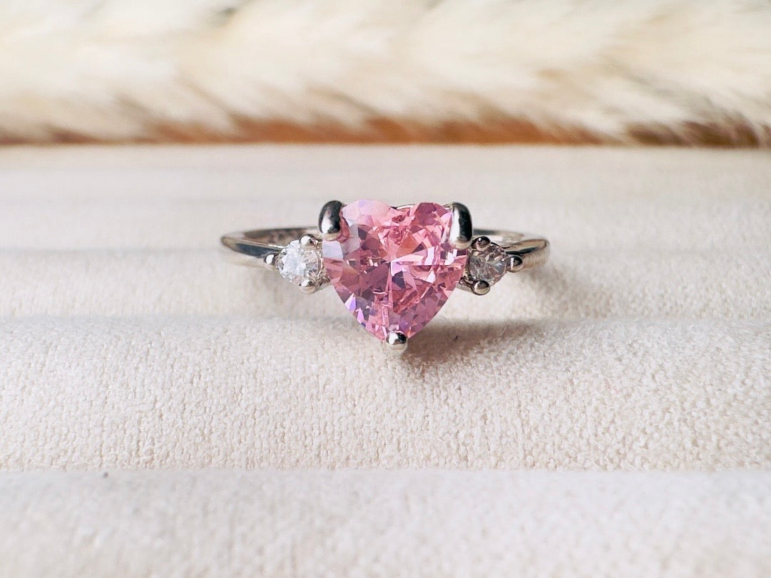 Vintage Heart Ring, Pink and Silver Size 7.5 Fitted Ring, Valentines Day Jewelry