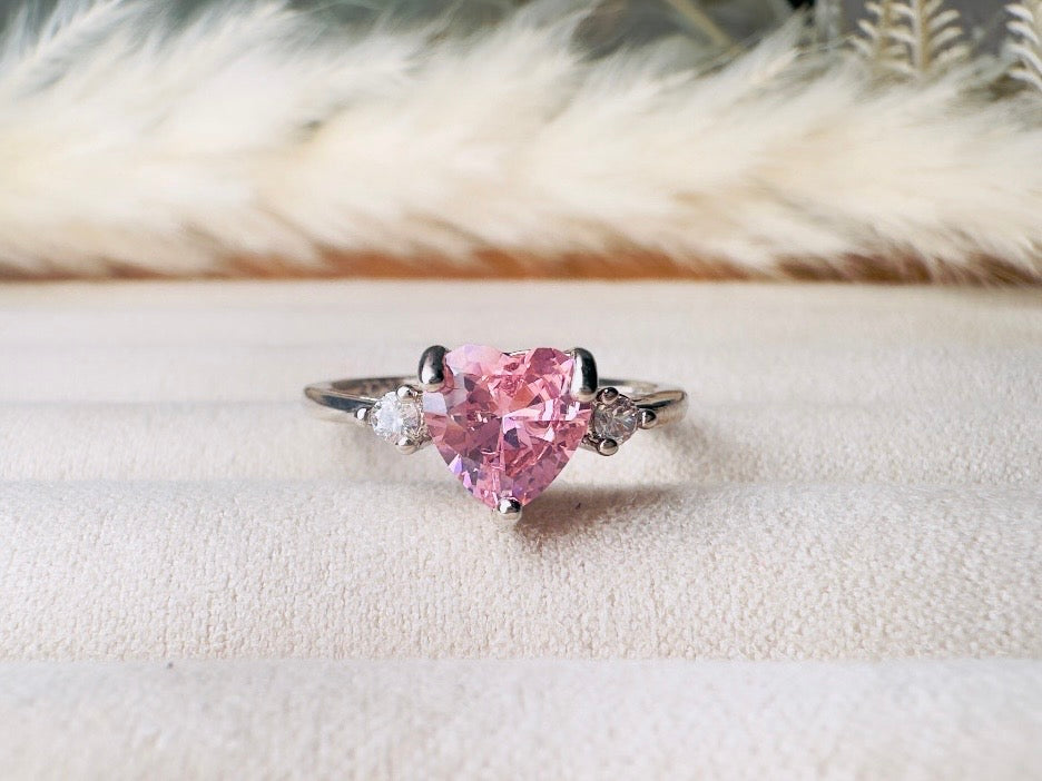 Vintage Heart Ring, Pink and Silver Size 7.5 Fitted Ring, Valentines Day Jewelry