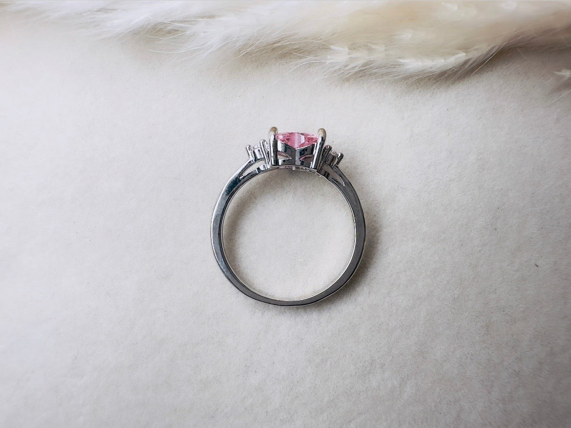 Vintage Heart Ring, Pink and Silver Size 7.5 Fitted Ring, Valentines Day Jewelry