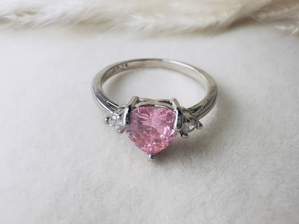Vintage Heart Ring, Pink and Silver Size 7.5 Fitted Ring, Valentines Day Jewelry