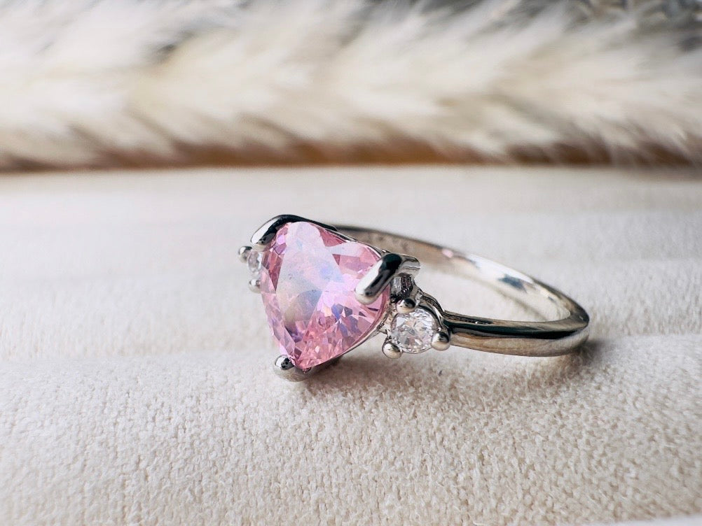 Vintage Heart Ring, Pink and Silver Size 7.5 Fitted Ring, Valentines Day Jewelry