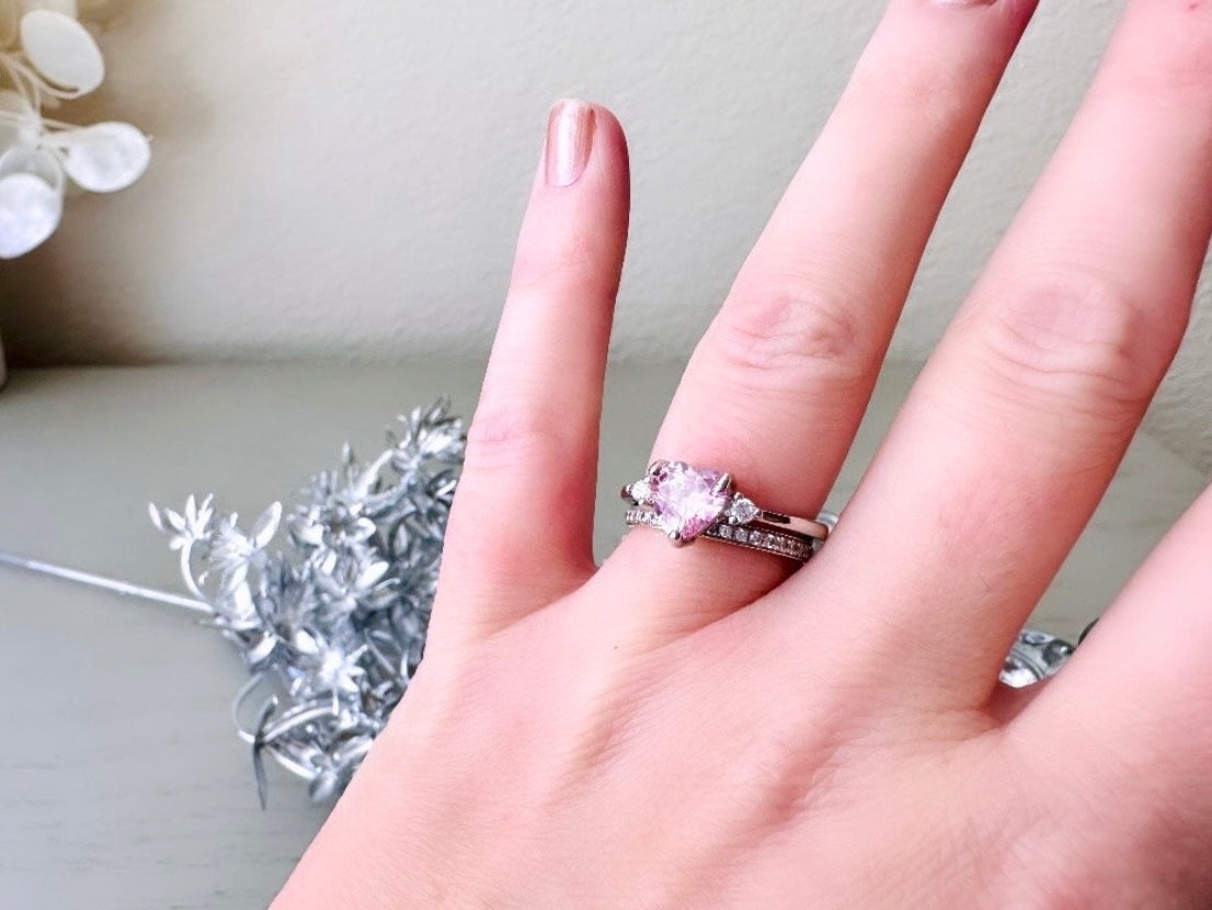 Vintage Heart Ring, Pink and Silver Size 7.5 Fitted Ring, Valentines Day Jewelry