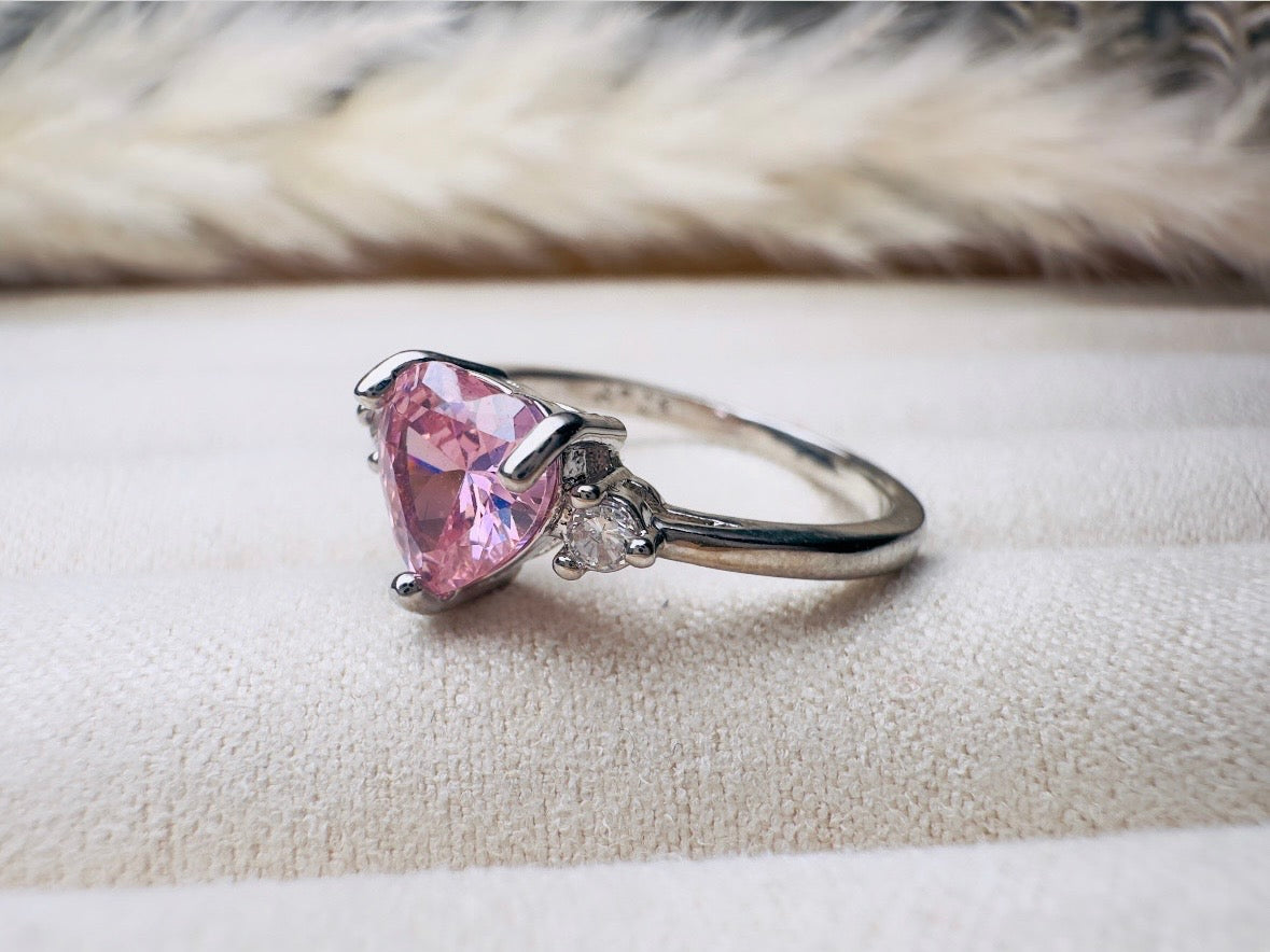 Vintage Heart Ring, Pink and Silver Size 7.5 Fitted Ring, Valentines Day Jewelry