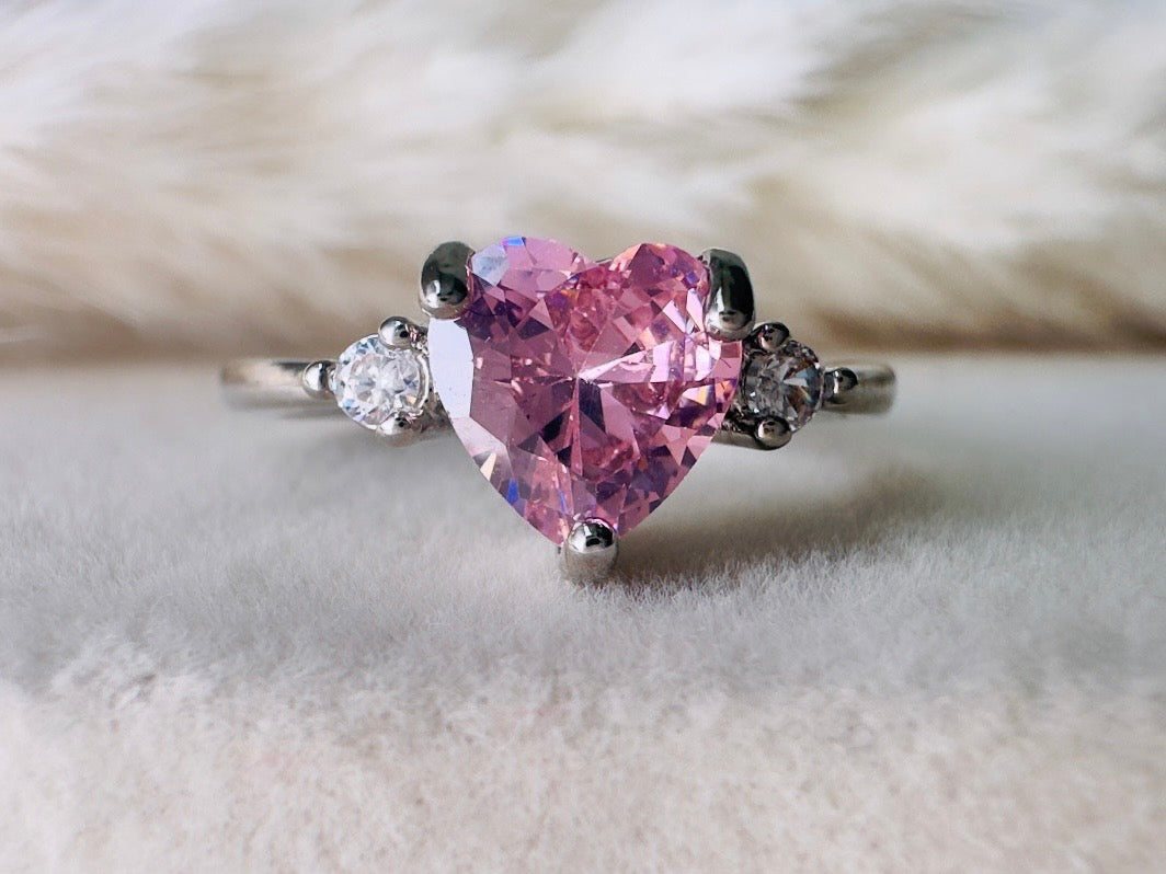 Vintage Heart Ring, Pink and Silver Size 7.5 Fitted Ring, Valentines Day Jewelry