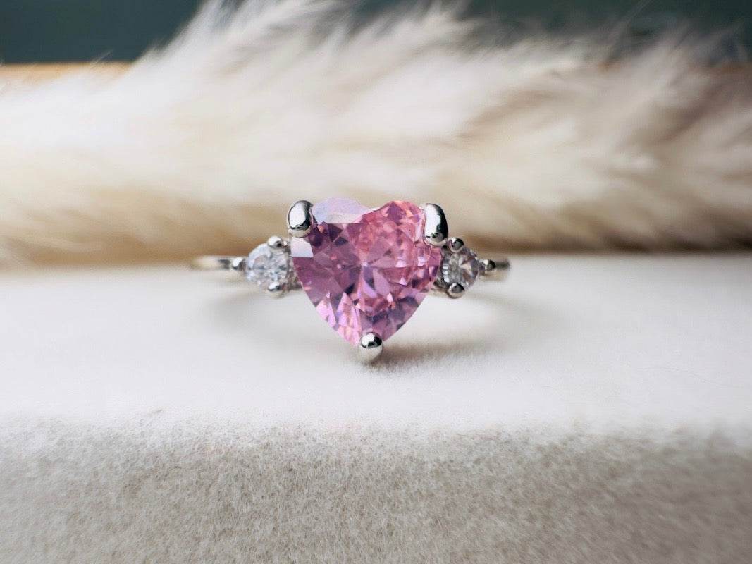 Vintage Heart Ring, Pink and Silver Size 7.5 Fitted Ring, Valentines Day Jewelry