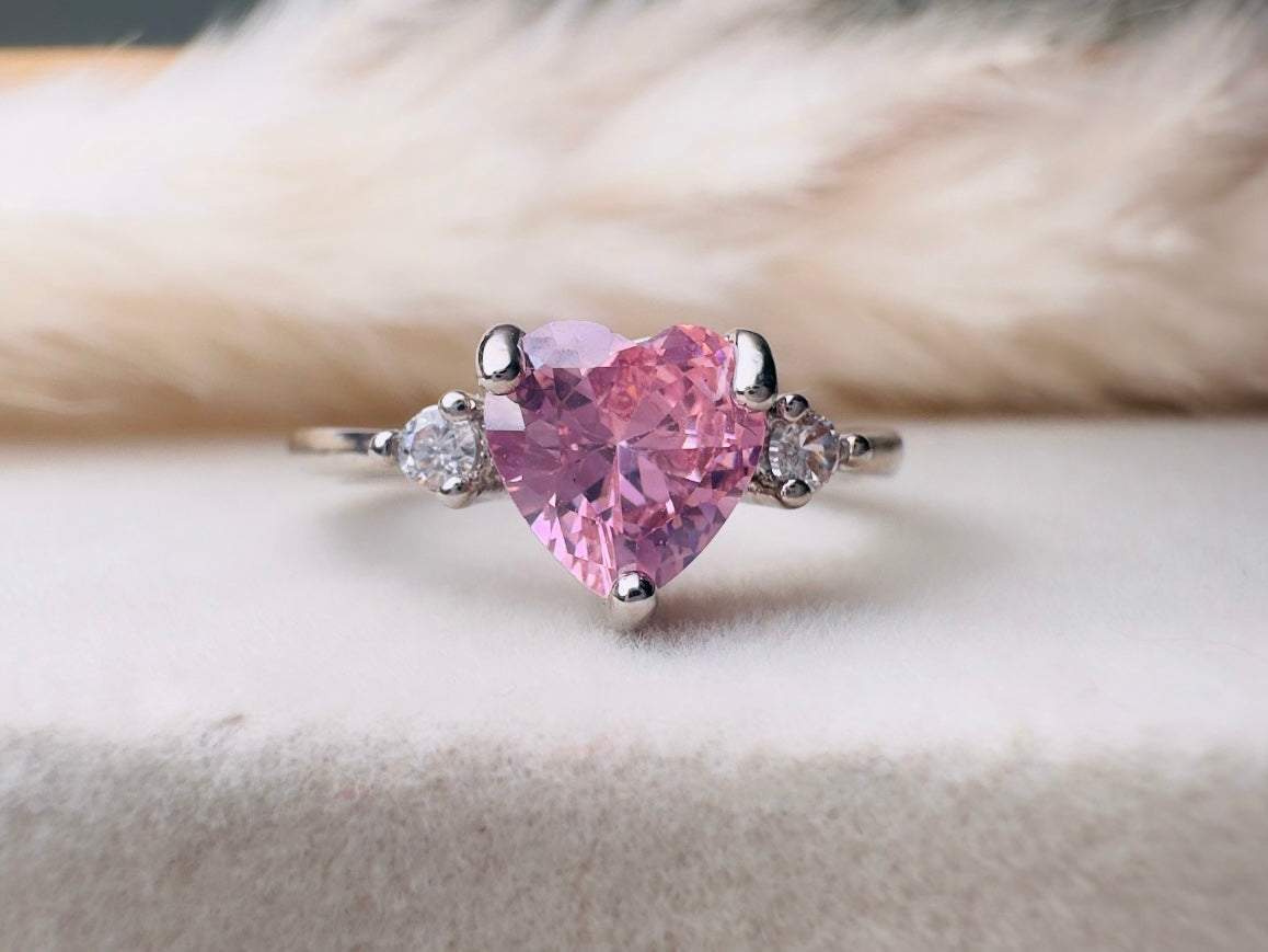 Vintage Heart Ring, Pink and Silver Size 7.5 Fitted Ring, Valentines Day Jewelry