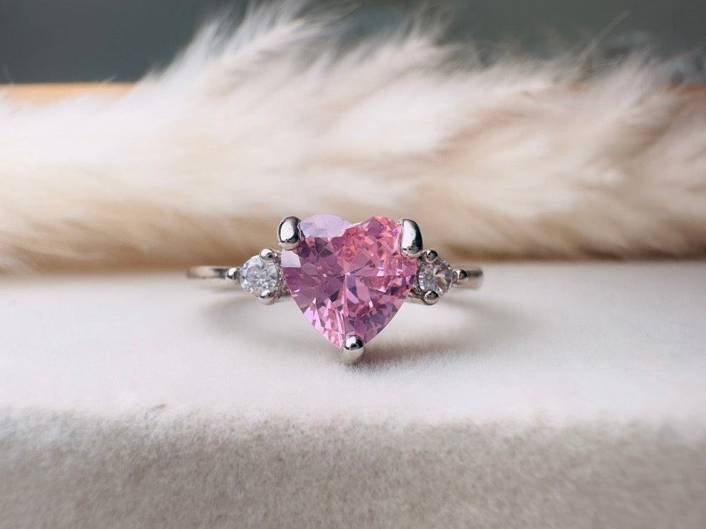 Vintage Heart Ring, Pink and Silver Size 7.5 Fitted Ring, Valentines Day Jewelry