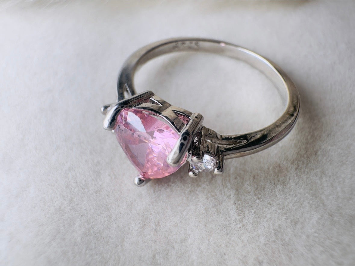 Vintage Heart Ring, Pink and Silver Size 7.5 Fitted Ring, Valentines Day Jewelry