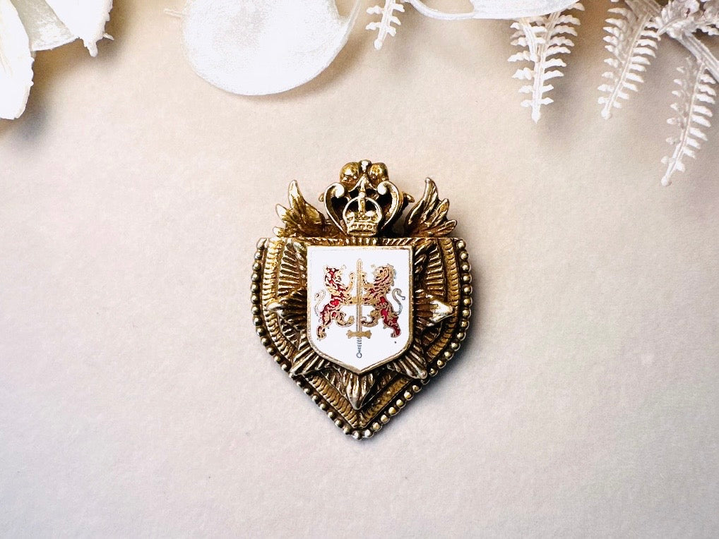 Vintage Heraldic Shield Brooch with Lions, Sword and Fleur De Lis