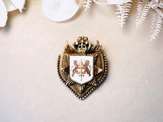 Vintage Heraldic Shield Brooch with Lions, Sword and Fleur De Lis