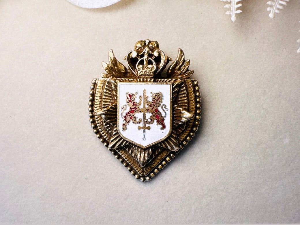 Vintage Heraldic Shield Brooch with Lions, Sword and Fleur De Lis