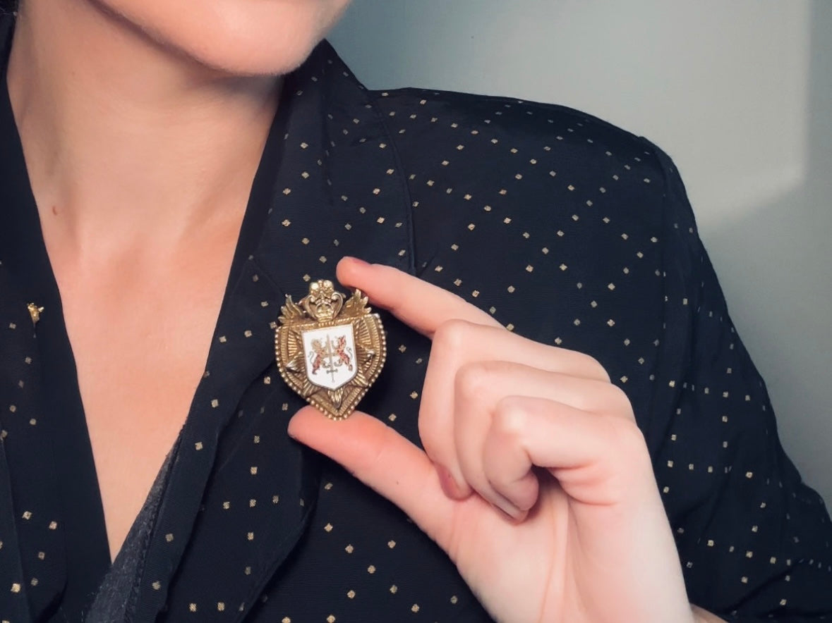 Vintage Heraldic Shield Brooch with Lions, Sword and Fleur De Lis