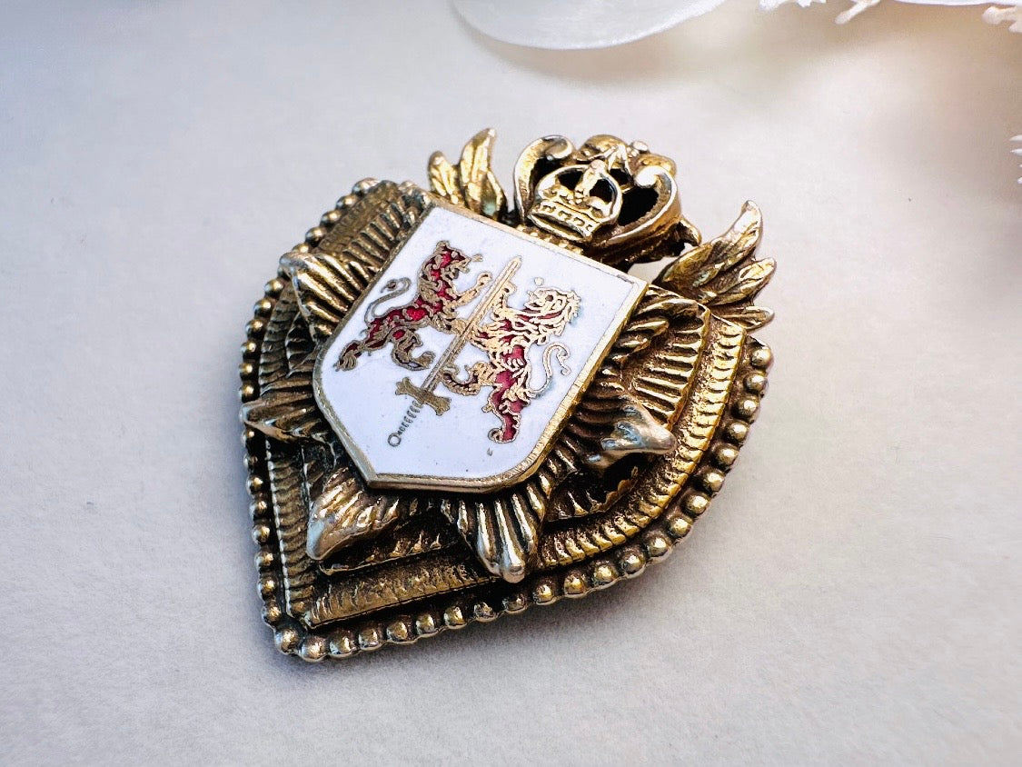 Vintage Heraldic Shield Brooch with Lions, Sword and Fleur De Lis