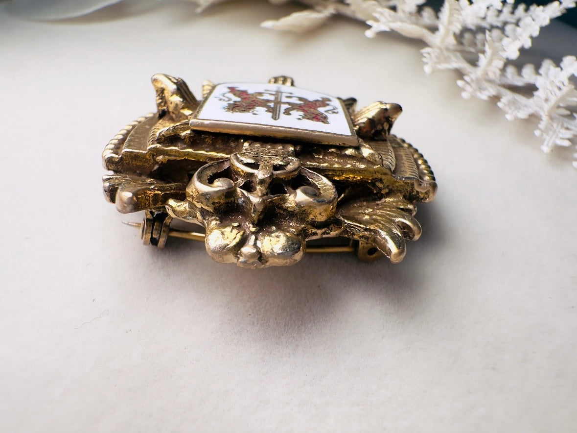 Vintage Heraldic Shield Brooch with Lions, Sword and Fleur De Lis