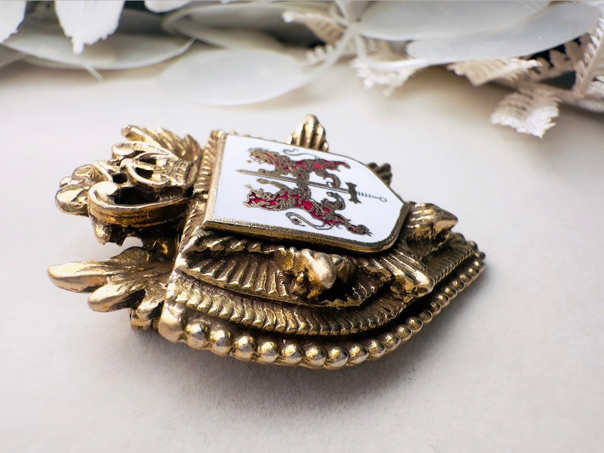 Vintage Heraldic Shield Brooch with Lions, Sword and Fleur De Lis