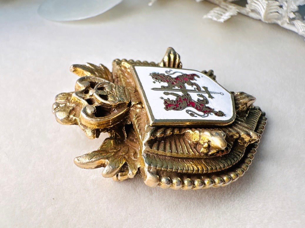 Vintage Heraldic Shield Brooch with Lions, Sword and Fleur De Lis