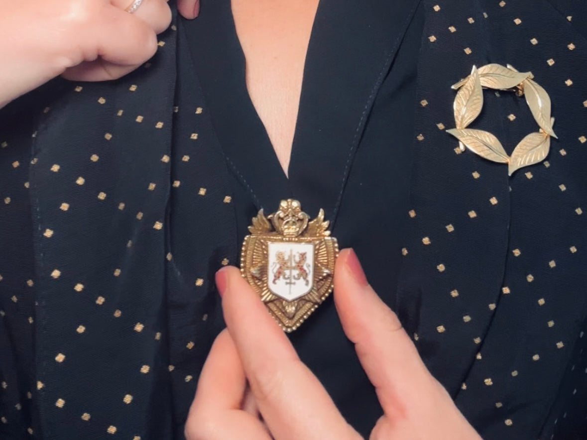 Vintage Heraldic Shield Brooch with Lions, Sword and Fleur De Lis