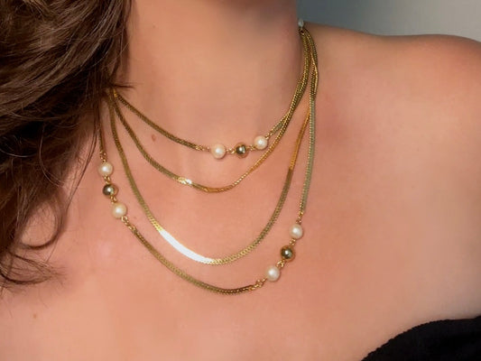 Vintage Herringbone Chain Necklace, Double Strand Long Station Necklace with Cream Pearls 