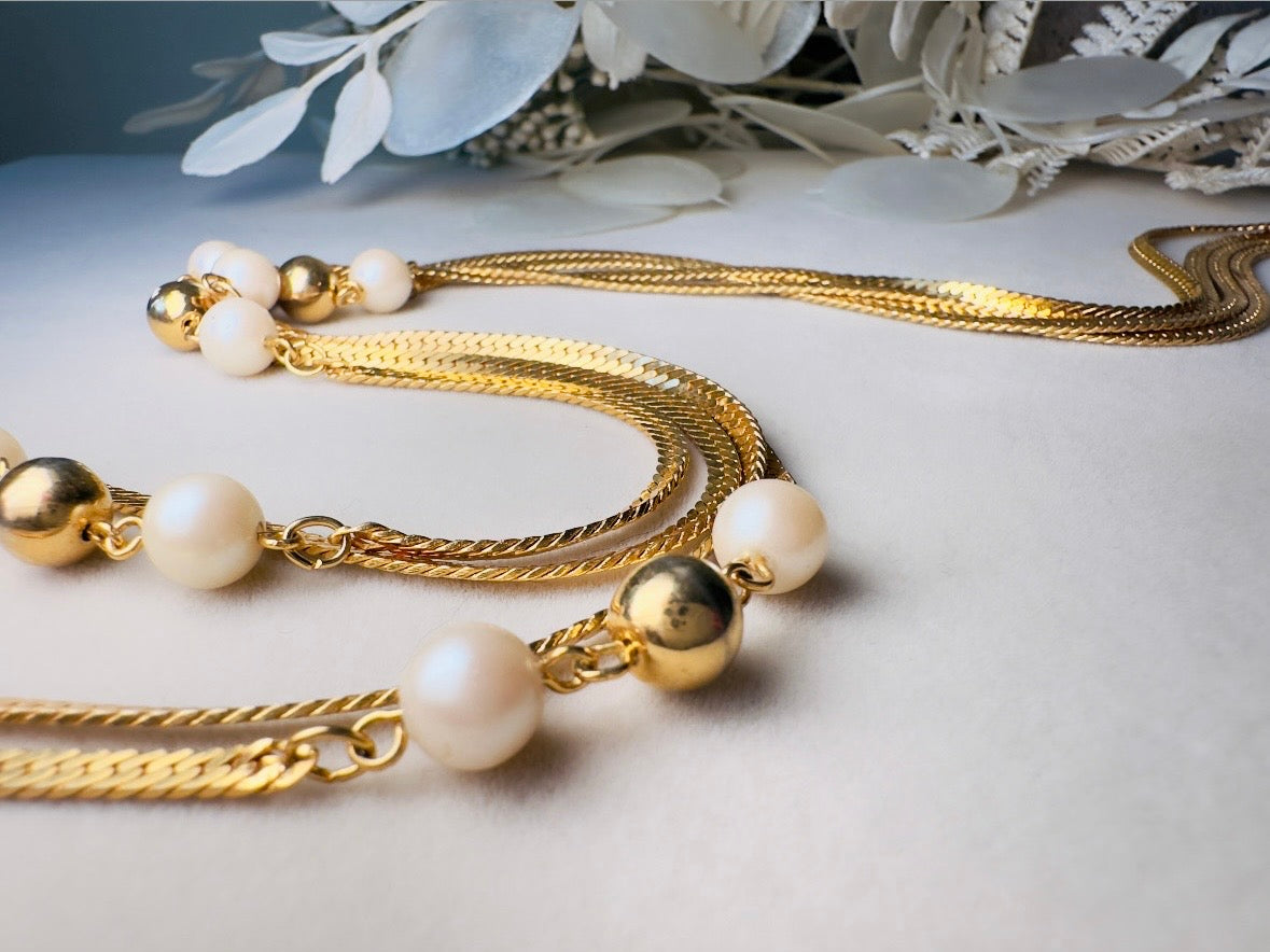Vintage Herringbone Chain Necklace, Double Strand Long Station Necklace with Cream Pearls 