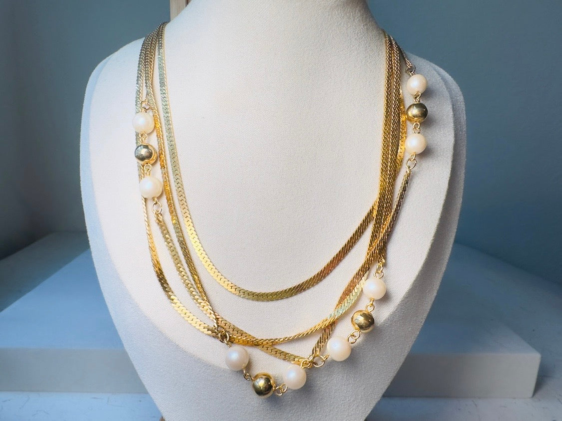 Vintage Herringbone Chain Necklace, Double Strand Long Station Necklace with Cream Pearls 