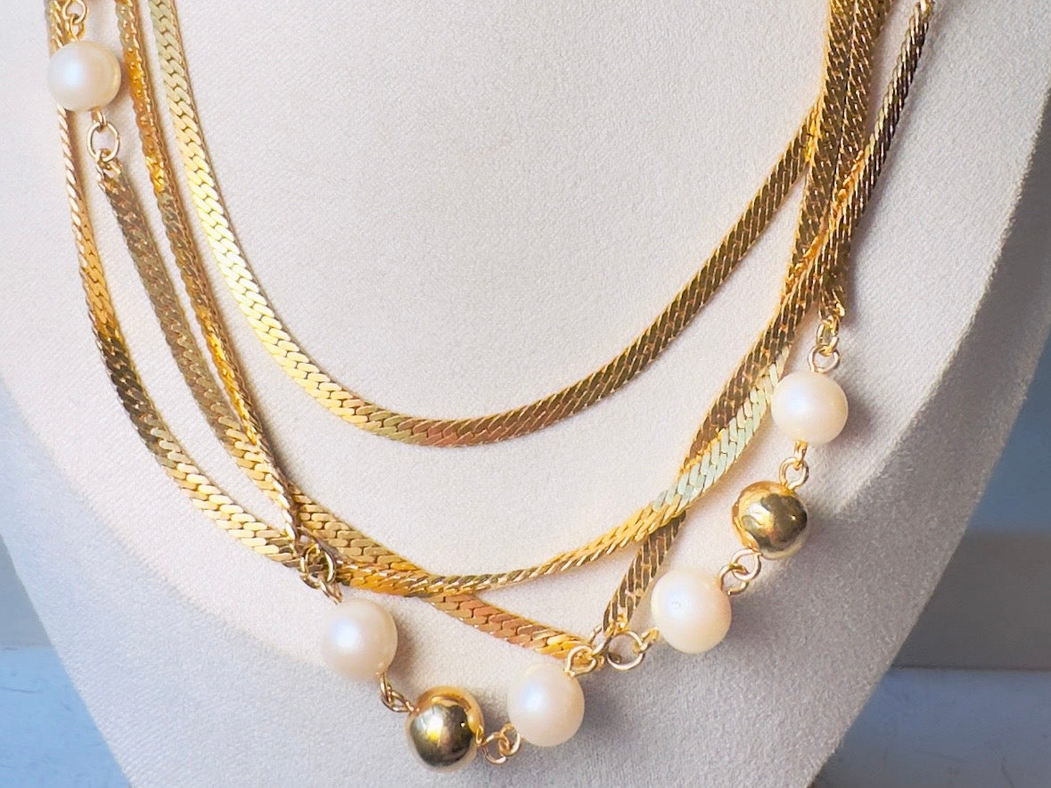 Vintage Herringbone Chain Necklace, Double Strand Long Station Necklace with Cream Pearls 