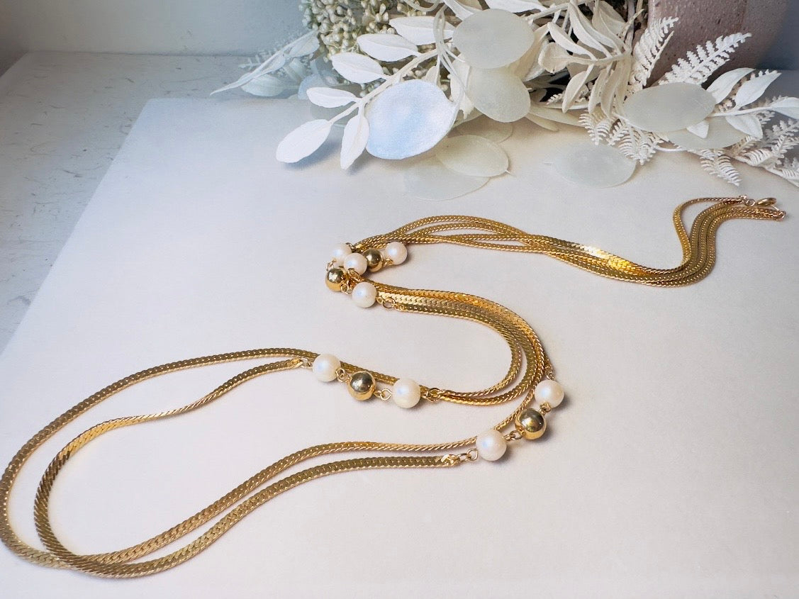 Vintage Herringbone Chain Necklace, Double Strand Long Station Necklace with Cream Pearls 