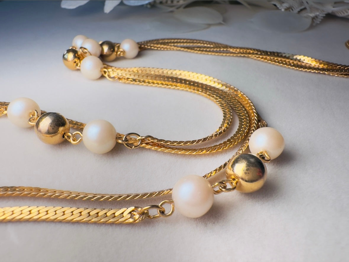 Vintage Herringbone Chain Necklace, Double Strand Long Station Necklace with Cream Pearls 